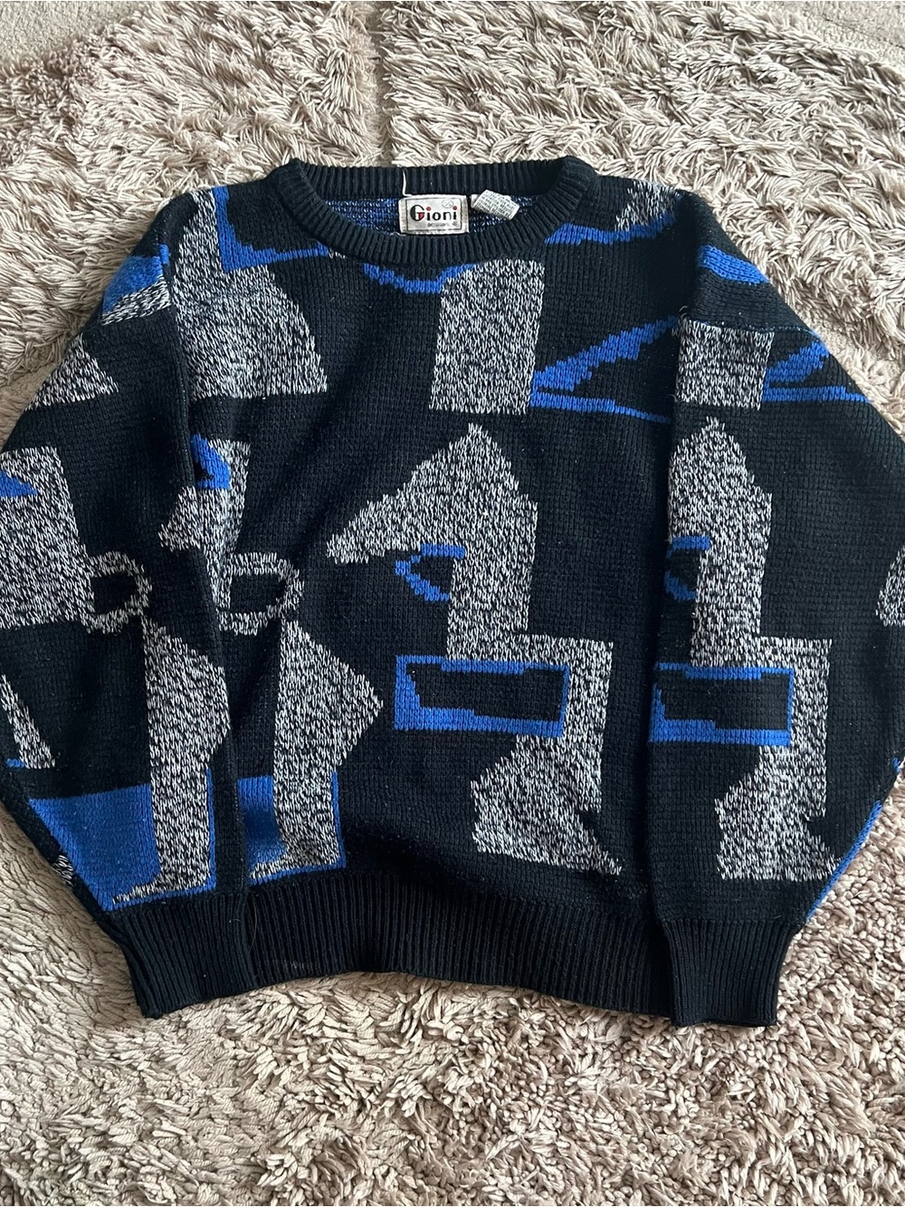 Men's Black Crewneck Sweater with Blue & Gray Geometric Pattern